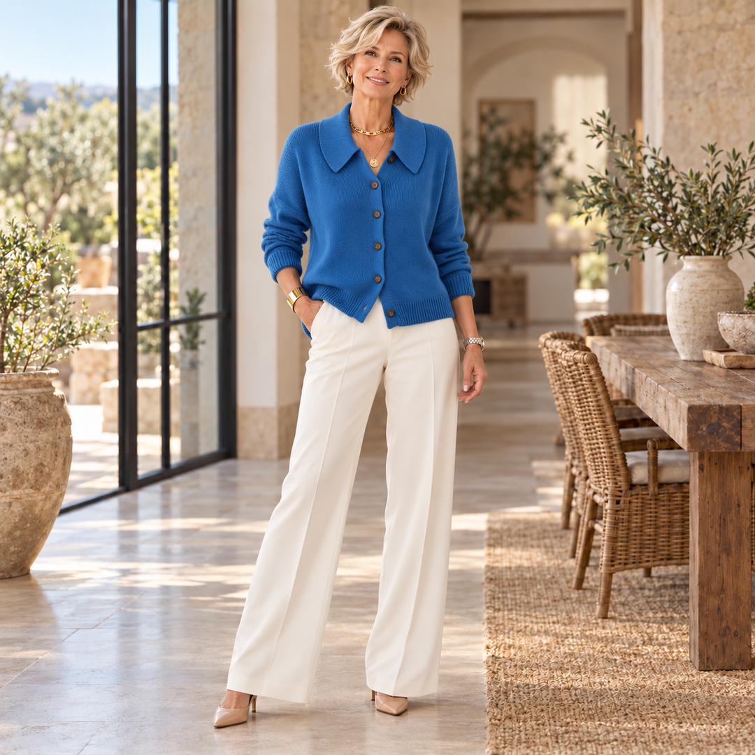 Vespera™ | Button Collar Cardigan worn by a mature blonde woman in a sunlit Mediterranean home