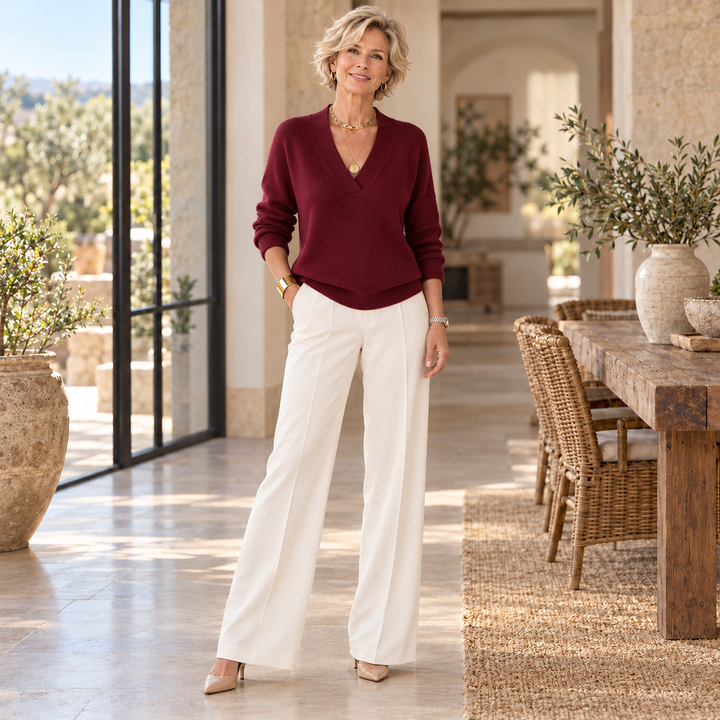 Vivelle™ | Relaxed V-Neck Sweater worn by a mature blonde woman in a sunlit Mediterranean home